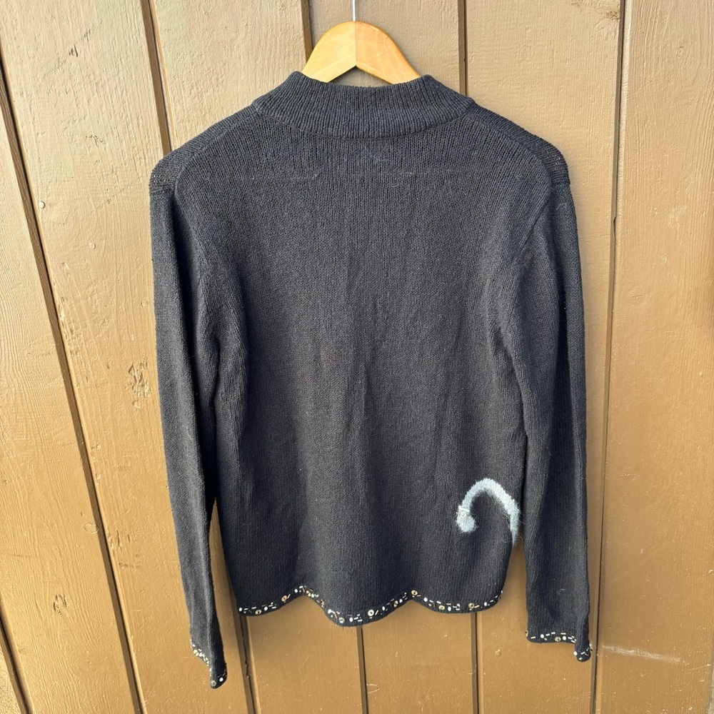 Coldwater Creek Full Zip Black Cat Cardigan Sweater Size M Beaded Cat Lady - Picture 5 of 13